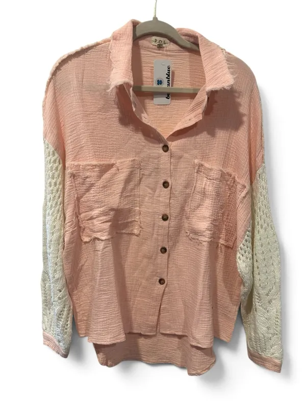 POL Pink Button-Down Gauze Shirt with White Crochet Sleeves - Image 2