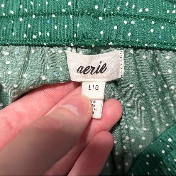 Aerie Off Duty Satin Trouser Wide Leg PJ Pants Island Pine Green Polka Dot Large - Image 7