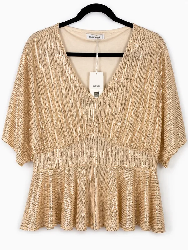Grace Karin Womens Top 1XL Gold Sequin V Neck Batwing Peplum Party Blouse - Image 2