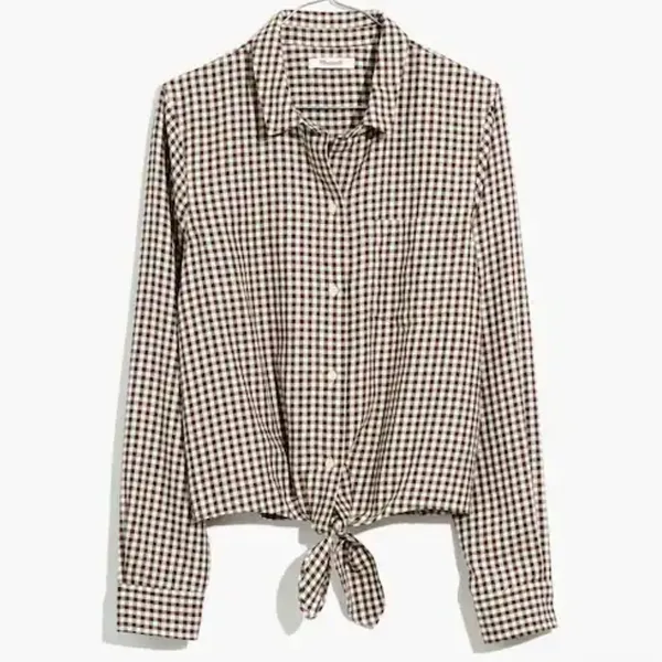 Madewell Brown Gingham Check Button Down Tie Front‎ Cotton Shirt AE769 Womens M - Image 2