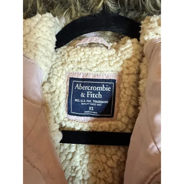 Abercrombie Fitch Pink Sherpa Lined‎ Parka Jacket Hooded Fur Trim XS - Image 3