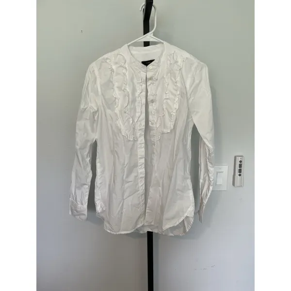 J Crew Band Collar Ruffle Button Up Shirt Size S White Preppy Office Career - Image 4