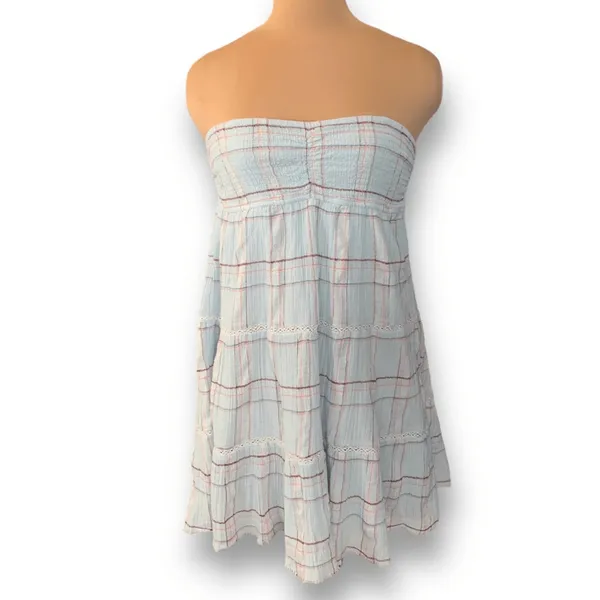 True Craft Plaid Gauze Strapless Mini Dress Baby Blue‎ Cottagecore Boho XL New - Image 13
