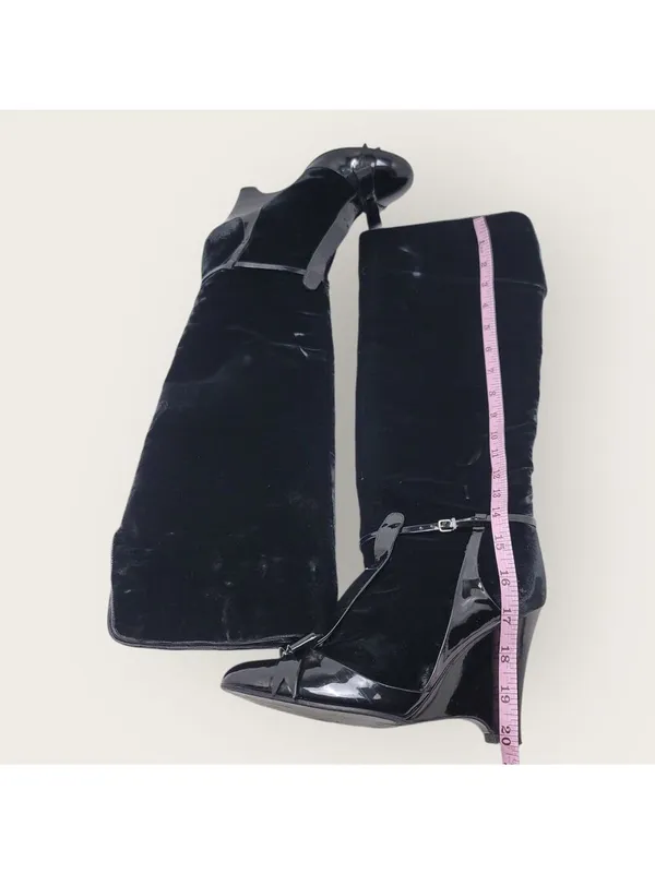 Laurence Dacade Velvet Patent Leather Bow Knee High Wedge Heels Boot Size 38 - Image 5