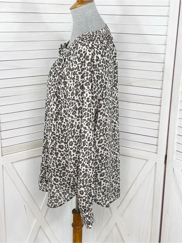 Loft Leopard Print Gathered Neck Button Up Blouse Cream Tan Large Long Sleeve - Image 2