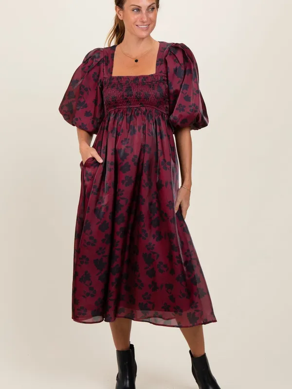 Heart of Mine Burgundy Floral Midi Dress with Puff Sleeves - Image 2