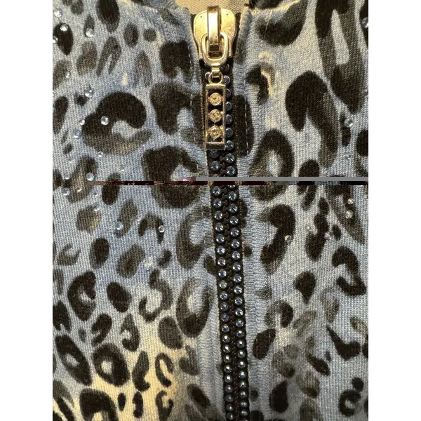 Quacker Factory Blue Leopard Print Full Zip Up Hoodie Size M Sparkle Embellished‎ - Image 5