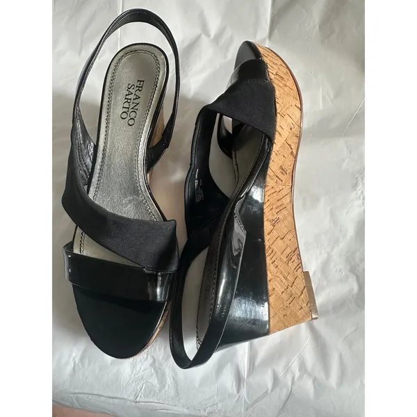 Franco Sarto Blink Black Patent Leather Cork Wedge Slingback Sandals Women 8M - Image 9