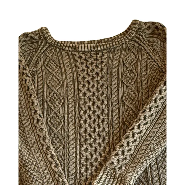 LL Bean Signature Sweater Womens Size L Green Cable Knit Fisherman 100% Cotton - Image 10