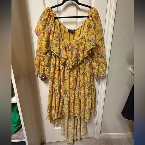 Eloquii Floral Yellow Ruffled Off Shoulder High-Low Dress Size 16 - Image 2