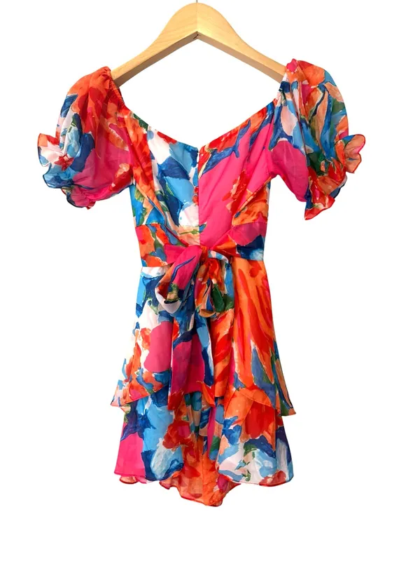 Luxxel Vibrant Abstract Floral Puff Sleeve Ruffle Romper Size Large - Image 2