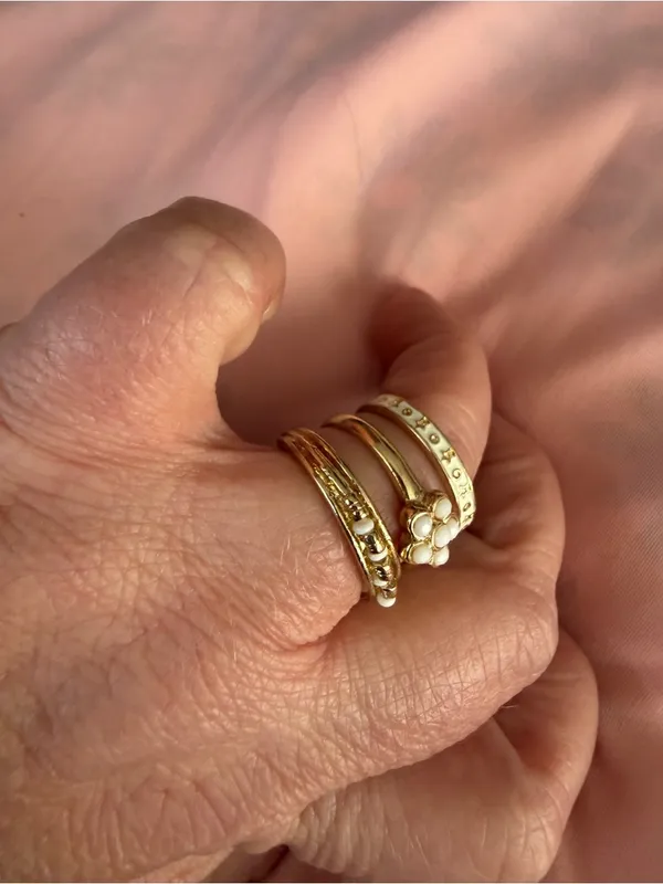 Gold Tone White Enamel Flower Stackable Rings Set of 3- Women's Jewelry - Image 3