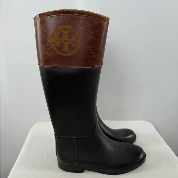 Tory Burch Leather Rubber Diana Equestrian Riding Boots in‎ Black Brown Size 8 - Image 2