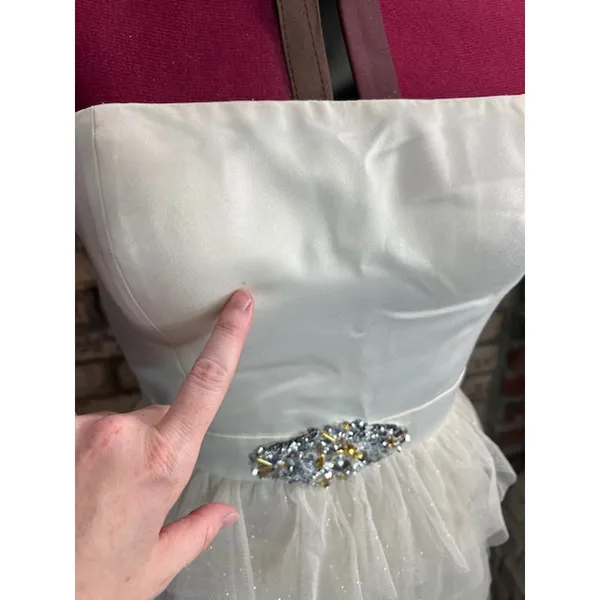 Adrianna Papell dress strapless formal cream jeweled sheer tired skirt - Image 10