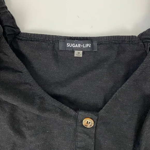 Sugarlips Mirabelle Puff Sleeve Top Black Linen Button Front V-Neck‎ Size Medium - Image 3