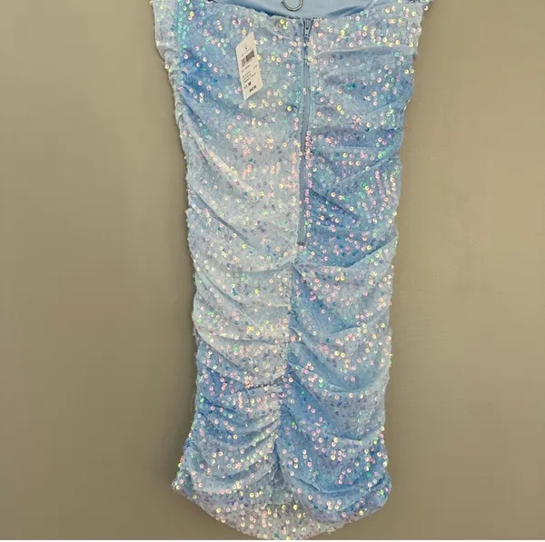 Windsor Light Blue Sequin Mesh Strapless Ruched Bodycon Mini Dress Size M - Image 5