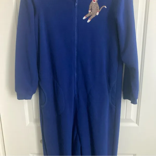 Nick & Nora Sock Monkey Footed Pjs Pajamas Size S Sleepwear Blue Fleece Pockets - Image 3