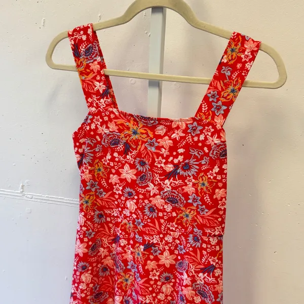 SO Red Floral Square Neck Mini Dress XS Sleeveless Fit & Flare Summer Boho Soft - Image 3