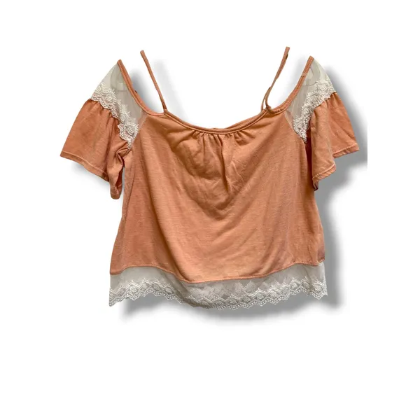 LA Hearts Womens Peach‎ Cold Shoulder Lace Trim Boho Top XS - Image 4