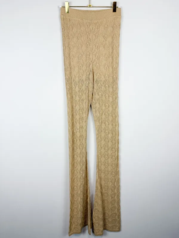 Free People Take Me Out Co-Ord Gold Metallic‎ Knit 2 Piece Set Flared Leg Small - Image 9