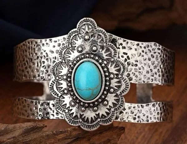 Vintage style turquoise and silver metal open cuff bangle. New - Image 2