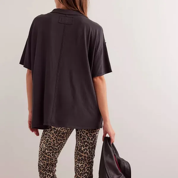 Free People Polo Tshirt NWT nina oversized womens Gray (medium) boho preppy - Image 8