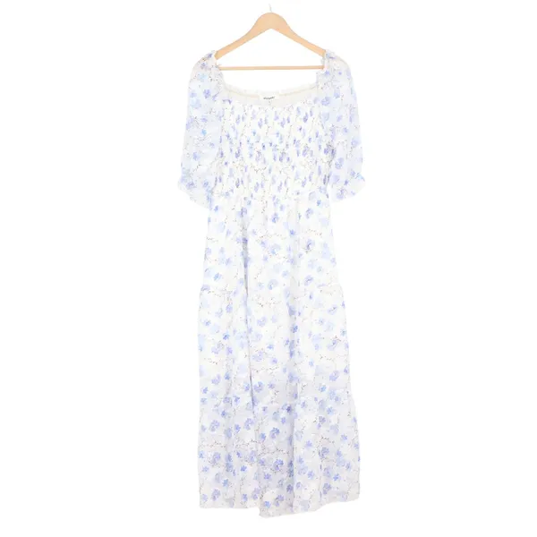Sissyaki Blue Floral Smocked Midi Dress Square Neck Puff Sleeve Large - Image 2