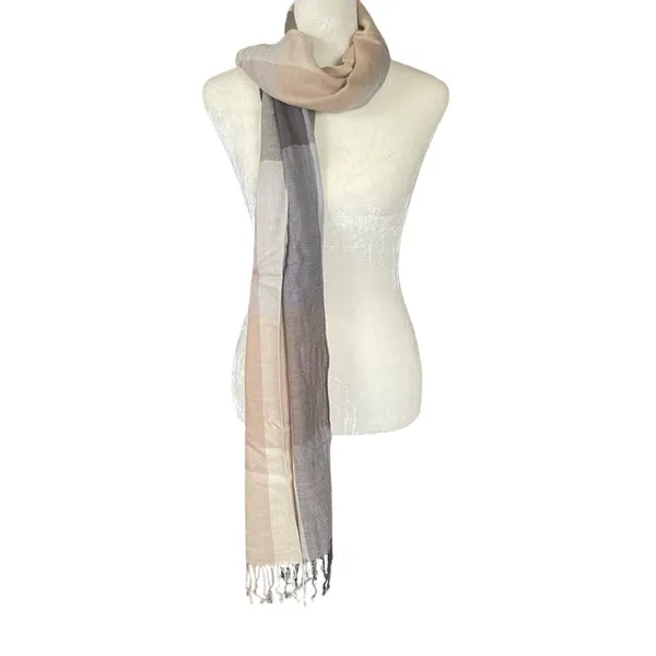 Neutral colored women's rectangle scarf wrap shawl with fringed edges - Image 4