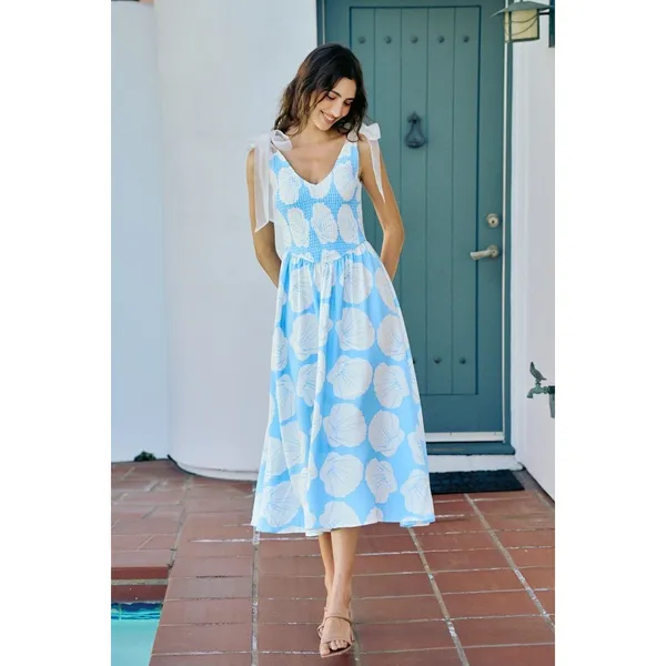 SO ME Shell Smocked Bodice Shoulder Tie‎ Lined Midi Dress - Blue - Large - Image 4