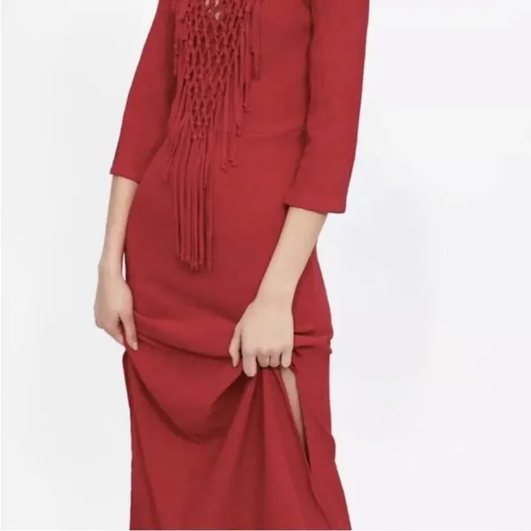 Zara Bright Red Fringe Knit Maxi Dress - Image 3