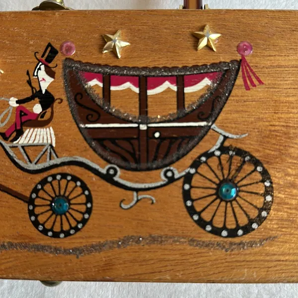 Vintage Wooden Box Handbag with Horse and Carriage Design by Gary Gails - Image 2