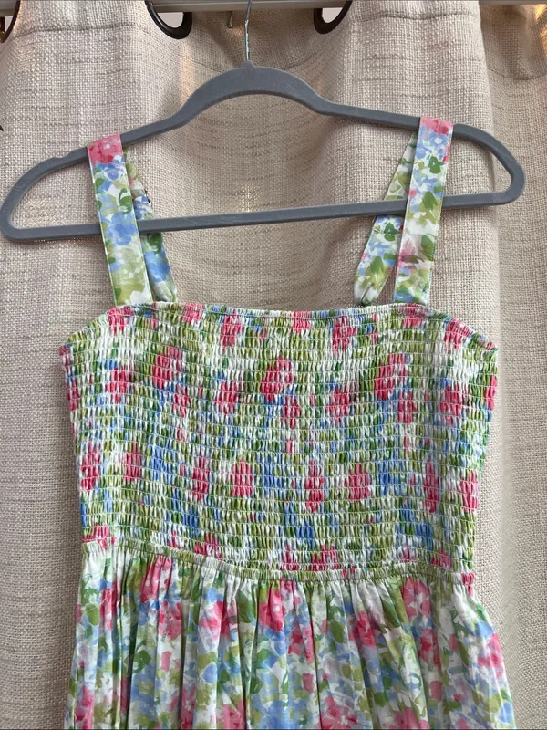 Floral Smocked Tiered Midi Dress Pink Blue Green Print Large - Image 8