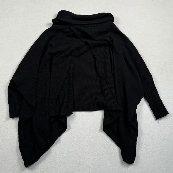 Free People Beach Poncho Sweater Women XS Black Waffle Knit‎ Cowl Neck Boho - Image 2