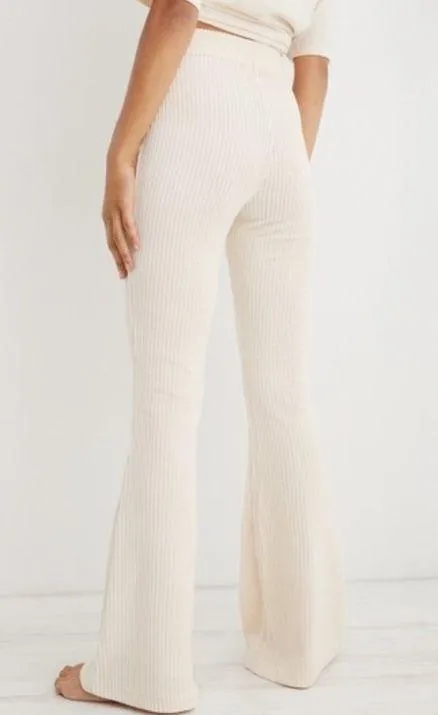 Aerie Groove On Ivory Velour Ribbed High Waisted Flare Pants - Image 2