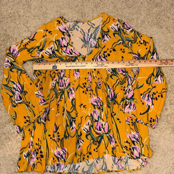 Free‎ People Mustard Yellow Floral Bell Sleeve Babydoll Tunic Top Boho Small - Image 10