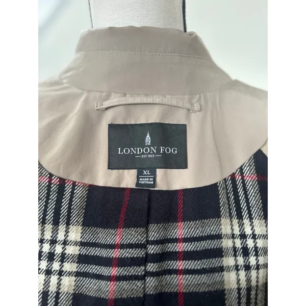 London Fog Tan Khaki Button Front Black Plaid Lined Trench Coat - Image 6