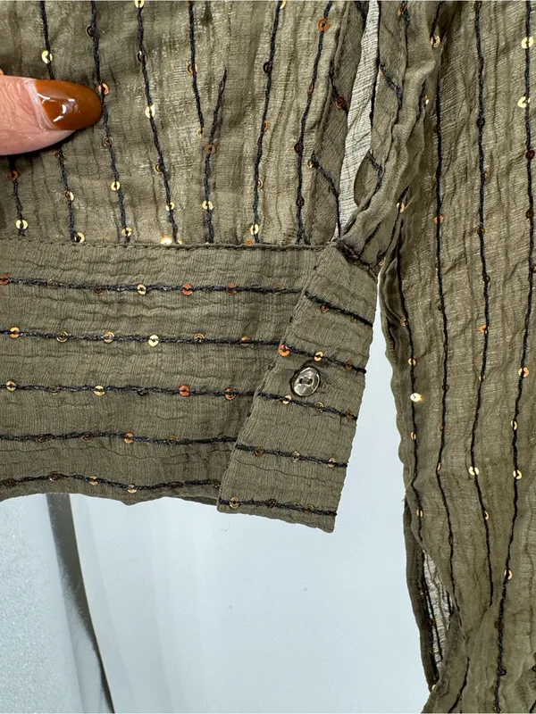 ZARA Woman's Sequin Oversized Tunic Top Shirt Olive Green M sheer casual coverup - Image 7