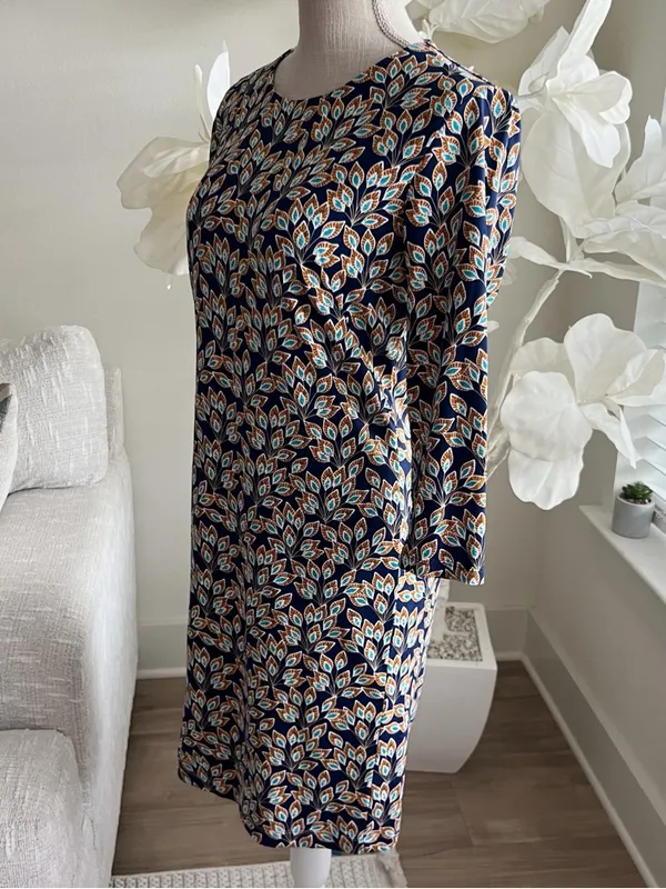 J. McLaughlin Sophia Shift Dress In Navy And Orange Peacock Long Sleeve Dress M - Image 4
