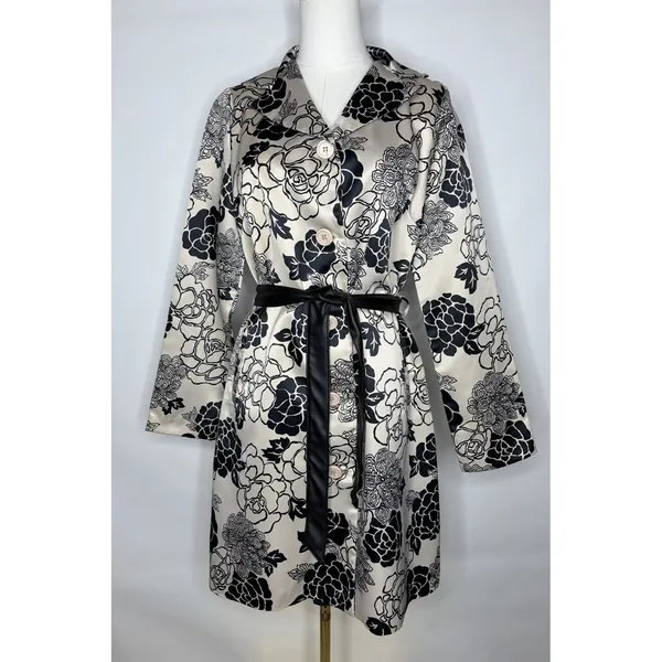 Just In Time Floral Trench Coat Cream Black Satin Duster Leather Belt Med - Image 3