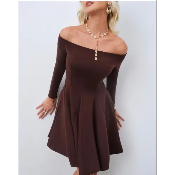 NEW Brown Off The Shoulder Long Sleeve A Line Pleated Mini Dress S - Image 8