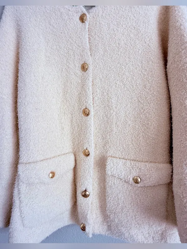 J. Crew 2025 Cream Gold Button Cinched Waist Sweater Jacket Knit Cardigan Sz L - Image 3