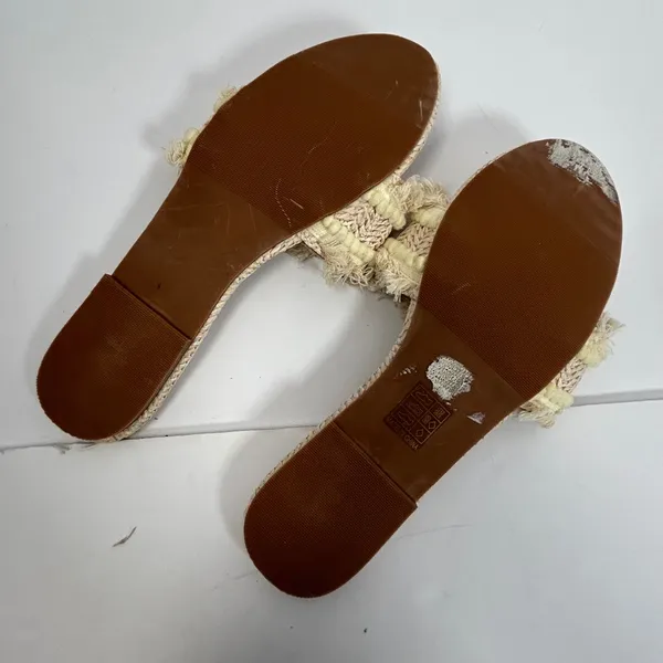 Woven Straw Slide Sandals Beige Fringe Pom Pom Trim‎ Flat Beach Size 10 - Image 7