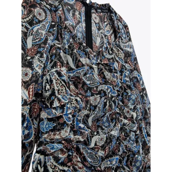 ZARA Paisley Floral Ruched Dress Ruffled Mini Metallic Party Cocktails Small‎ - Image 10