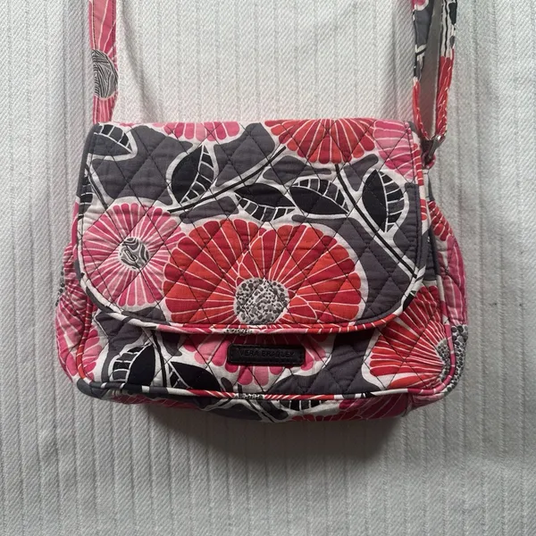 Vera Bradley Floral Quilted Crossbody Shoulder Bag Pink Gray Cotton Purse - Image 2