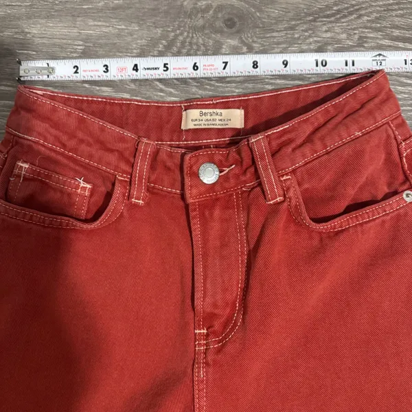 Bershka Burgundy Wide Leg Cropped Denim Jeans Contrast Stitch Mid‎ Rise Size 2 - Image 8