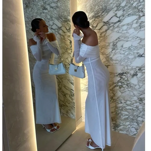 MESHKI Ivory White Josie Off Shoulder Mesh Fold Over Neckline Maxi Dress sz L - Image 6