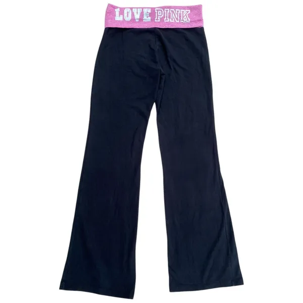 Y2K VS PINK M Foldover Black Flare Leggings Pink Silver Logo Low Rise Vtg - Image 14