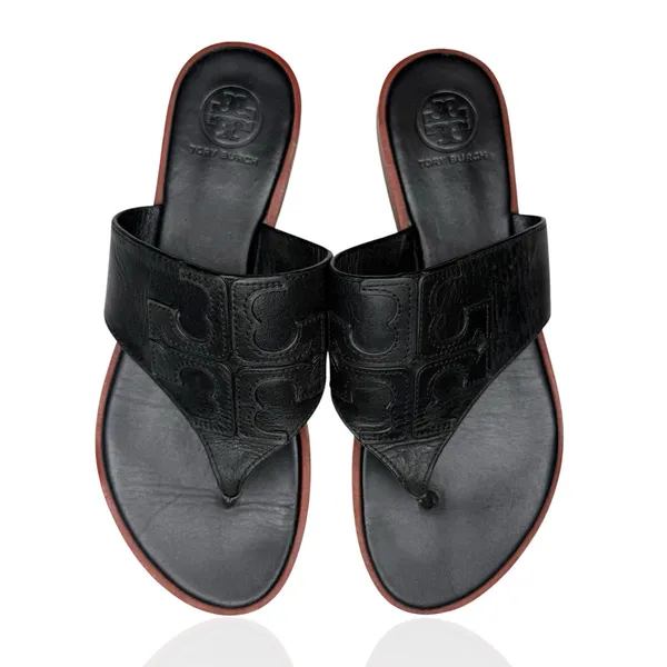 Tory Burch Jamie Size 6.5 Full Logo Thong Sandals‎ Black Leather S/N 48275 - Image 9