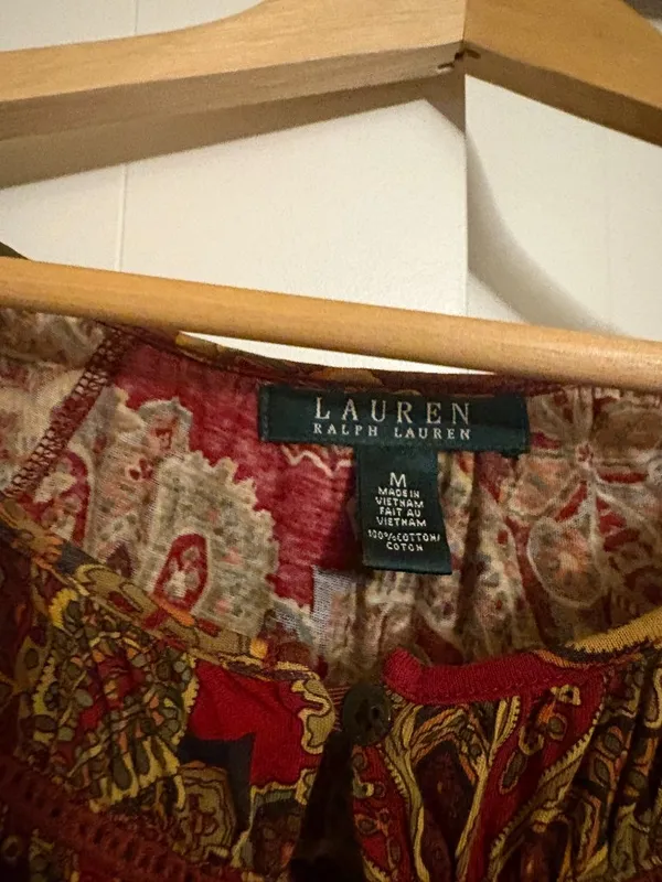 Lauren Ralph Lauren Paisley Blouse Medium Long Sleeve Keyhole Front 100% Cotton - Image 2