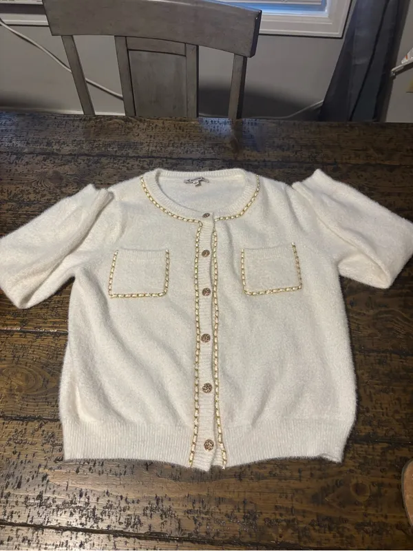 Nanette Lepore Cream Fuzzy Cardigan Sweater Gold Chain Trim‎ Tweed Vibez XL⁠ - Image 11
